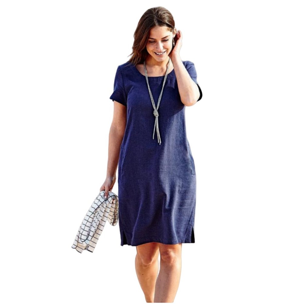 Rohan Tunis Linen Dress size UK 12 US 8 M navy blue short sleeve medium